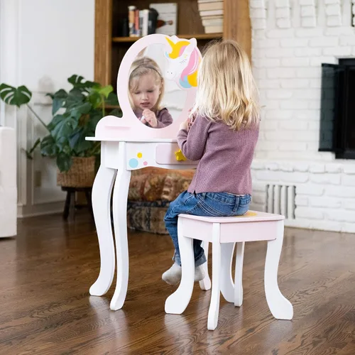 Miniatura 2 de Fat Brain Toys Unicorn Magic Vanity con espejo y taburete, juego de madera, 3+