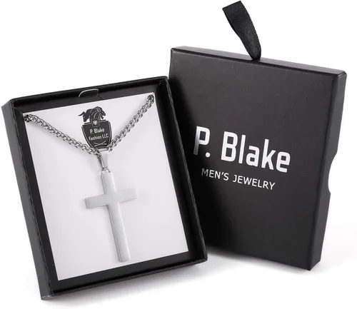 Miniatura 7 de P. BLAKE Collar con colgante de cruz de acero inoxidable para hombres y niños, colgante de cruz cristiana con cadena de 24 pulgadas