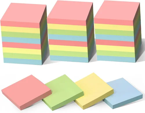 HappyHapi Paquete de 28 2800 hojas de notas adhesivas de 3 x 3 pulgadas, 100 hojas/bloc, 4 colores suaves (amarillo, verde, rosa, azul) almohadillas