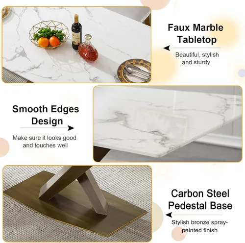 Miniatura 5 de Juego de mesa de comedor de mármol blanco de lujo para 4, 70 pulgadas, mesa de comedor de mármol blanco con 4 sillas de terciopelo gris y base