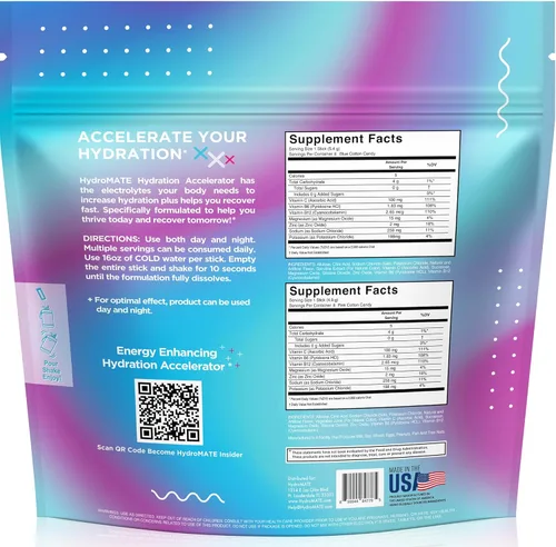 Miniatura 4 de HydroMATE Polvo de Electrolitos Sin Azúcar Sabor Algodón de Azúcar - 16 Sobres de Hidratación Instantánea con Vitamina C para Aumentar la Energía