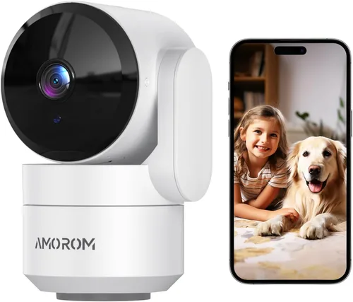 AMOROM Cámara de seguridad para interiores 360° con panorámica/inclinación, monitor para mascotas, perros y bebés, visión nocturna HD 1080P,
