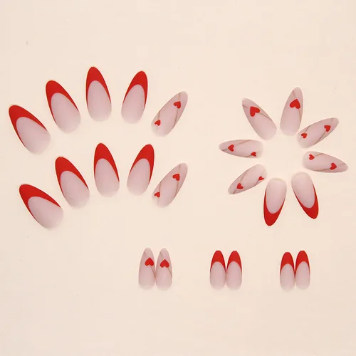 Miniatura 2 de Uñas postizas a presión de punta francesa de almendra, medianas, uñas postizas acrílicas artificiales con diseño de corazón de amor rojo, cobertura