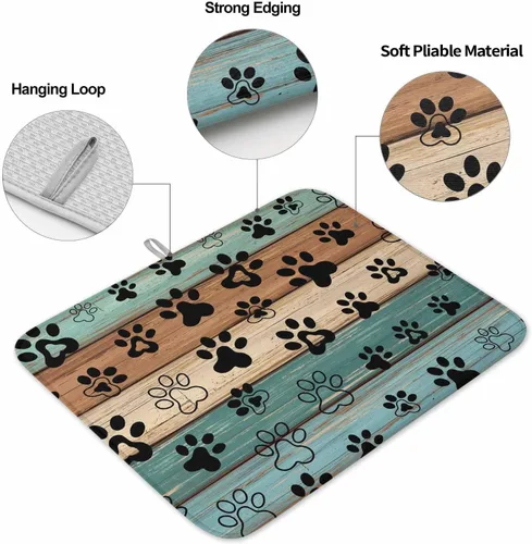 Miniatura 2 de Tapete de secado de platos con estampado de patas de perro para encimera de cocina, tapete de secado de platos de madera verde azulado, marrón
