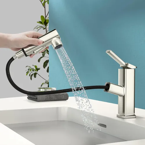 Grifo de baño de un solo agujero, grifo de lavabo de baño moderno extraíble con 3 modos de flujo de agua, grifos de baño con rociador (níquel Níquel