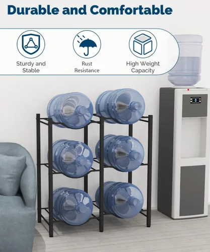 Miniatura 3 de Mocomax Estante para jarra de agua de 5 galones, soporte desmontable para 6 botellas, estante refrigerador resistente de 3 niveles, organizador
