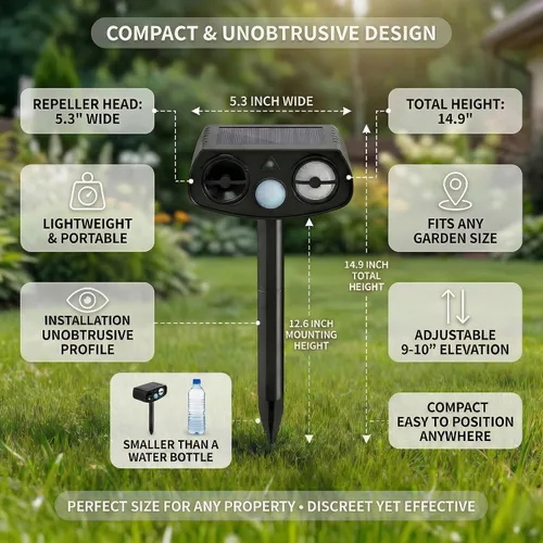 Miniatura 8 de Repelente ultrasónico de animales, sensor de movimiento alimentado por energía solar, disuasorio de animales al aire libre con luz estroboscópica