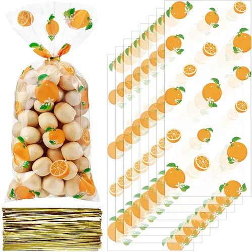Pajean 100 bolsas para baby shower, color naranja, de plástico, celofán, con 100 lazos dorados para galletas, aperitivos para fiesta de cumpleaños