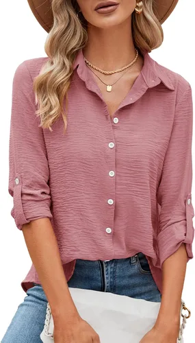 Odosalii - Camisas con botones para mujer, con cuello en V, manga larga, enrolladas, blusas elegantes y formales para negocios y ocasiones casuales