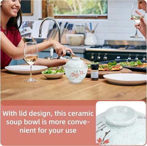 Miniatura 6 de Hemoton Cuenco de cerámica con tapa de 4.01 x 3.93 x 3.85 pulgadas, cuenco de sopa para el hogar para guisar huevo, pájaro, nido, postre y ensalada
