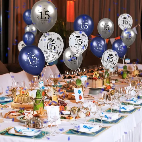 Miniatura 3 de Globos azules de cumpleaños número 15, 15 globos de feliz cumpleaños azul marino y plateado para niño o niña, látex, inflables, confeti