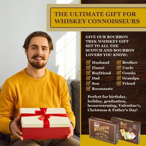 Miniatura 2 de Juego en caja de regalos de whisky para hombres, incluye populares trivias de whisky, 2 vasos de bourbon, 6 piedras, 2 posavasos de pizarra, 1