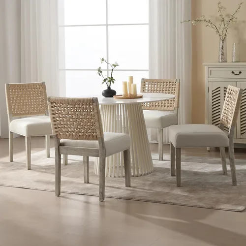 LZAREAL Juego de 4 sillas de comedor estilo granja, con tapizado de tela de lino, sillas laterales decorativas, estilo moderno de mediados de siglo,