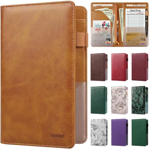 Miniatura 32 de Libreta de mesera para camarera, organizador de cuero con bolsillo con cremallera, folleto para personal de restaurante, soporte para cheques de Café