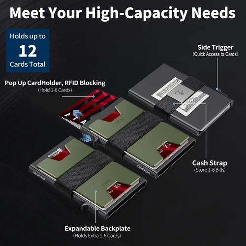 Miniatura 20 de Cartera delgada de aluminio para hombre, placa trasera expandible duradera, bloqueo RFID, billetera desplegable de metal minimalista, con capacidad
