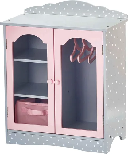 Olivia's Little World Armario doble de madera estilo coctelera de lunares para armarios de muñecas de 18 pulgadas con puertas con ventana, tres