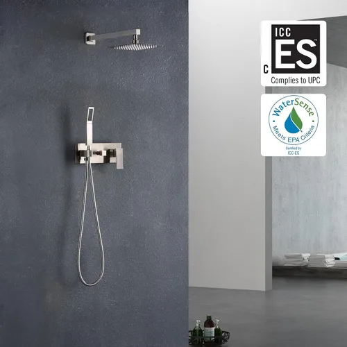 Miniatura 2 de SUMERAIN Sistema de ducha de lluvia de níquel cepillado con ducha de mano, sistema de cabezal de ducha de equilibrio de presión con válvula áspera