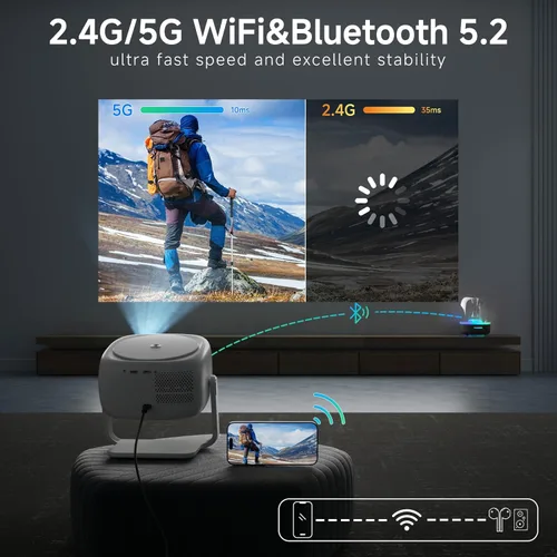 Miniatura 4 de [Soporte ajustable de 360°] Mini proyector con WiFi y Bluetooth: enfoque eléctrico y Keystone automático compatible con 1080p, 15000L, proyector