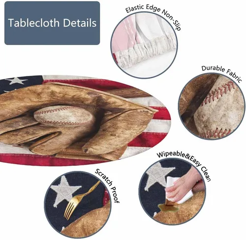 Miniatura 3 de Mantel redondo de béisbol, bandera estadounidense, vintage, bate de béisbol, guante, para interiores y exteriores, picnic, fiesta, apto para mesas