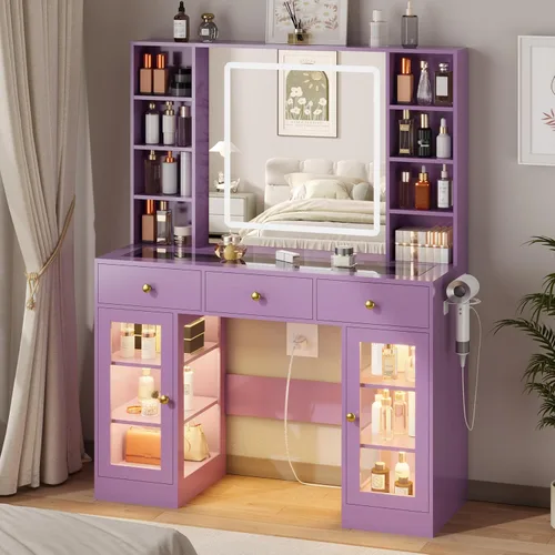 Miniatura 16 de HUANLEGO Tocador Negro con Espejo y Luces, Tocador con Superficie de Cristal con Espejo Iluminado y Gabinete de Vidrio RGB y 3 Cajones, Tocador
