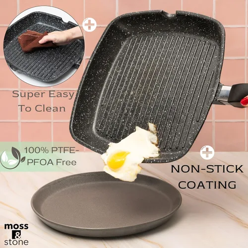 Miniatura 4 de Moss & Stone Sartén Parrilla Antiadherente de Aluminio para Estufas, Sartén Parrilla Versátil con Picos Vertedores, Sartén Parrilla Cuadrada de 11