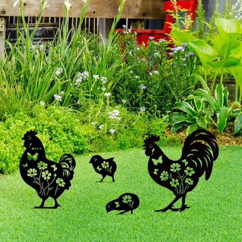 Miniatura 5 de Decoración de jardín de pollo de metal Doesen para exterior, 4 piezas de arte de jardín de pollo de metal, regalos de jardín decorativos