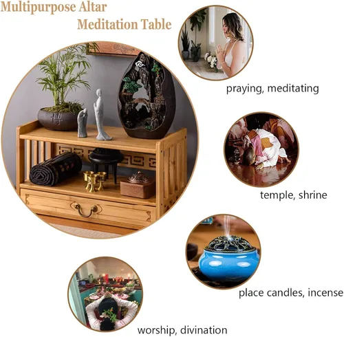 Miniatura 3 de HULKI Mesa de meditación de altar con almacenamiento, mesa de altar de 3 niveles para puja espiritual con cajón, mesa de meditación
