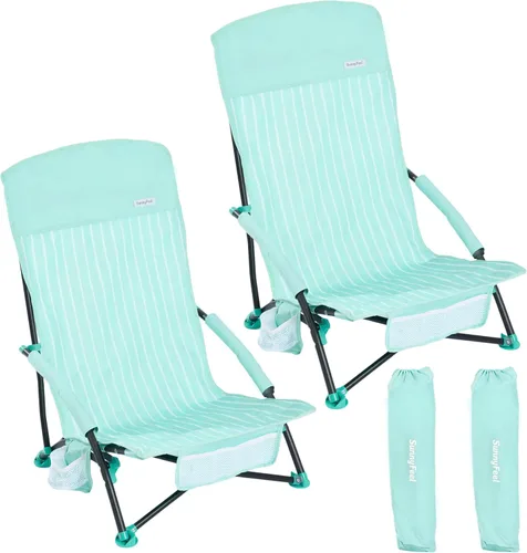 Miniatura 15 de SUNNYFEEL Silla de playa baja – Sillas de playa plegables con respaldo alto para adultos con portavasos y bolsillo lateral, mochila ligera silla