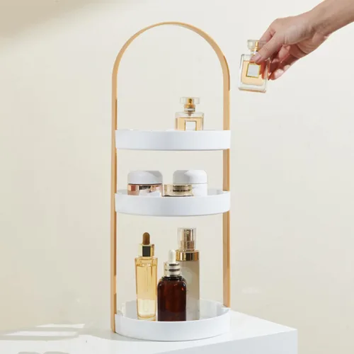 Miniatura 3 de Tocadiscos transparentes de 3 niveles, estante de almacenamiento redondo con mango integral, organizador de cosméticos de maquillaje, soporte