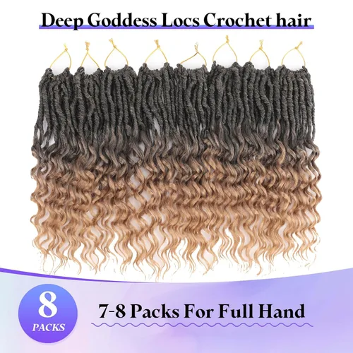 Miniatura 5 de Cabello de Ganchillo Goddess Locs de 14 Pulgadas 8 Paquetes Nuevos Faux Locs Suaves Trenzas de Ganchillo Ondas Profundas Extensiones de Cabello T27.