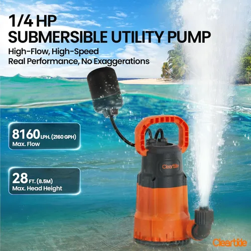 Miniatura 2 de Cleartide Bomba de sumidero sumergible con interruptor de flotador atado, bomba de agua utilitaria de 1/4 HP, motor 100% cobre, bomba de drenaje