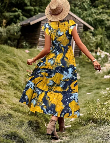 Miniatura 3 de YESNO Vestidos de verano para mujer, con volantes, manga casquillo, vestido casual bohemio con corpiño fruncido con bolsillos, E05
