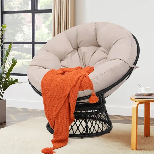 Miniatura 6 de KROFEM Silla Papasan Gigante de Ratán Ergonómica Extragrande de 46" con Cojín Suave y Grueso para Adultos, Giro Fluido de 360°, Resistente al Agua