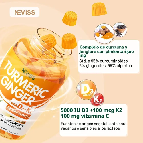 Miniatura 3 de Gomitas de jengibre de cúrcuma sin azúcar con 5000 UI de vitamina D3 y K2 (MK7), C - Suplemento de cúrcuma vegana para adultos 1500 mg con pimienta