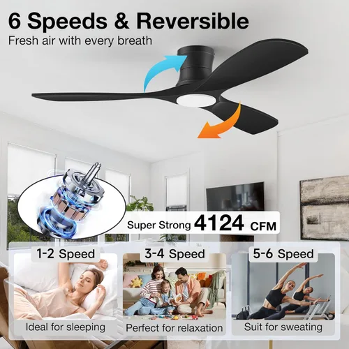 Miniatura 5 de Hoenofly - Ventilador de techo inteligente de madera de 52" de bajo perfil con luces y control remoto, motor CC silencioso, ventiladores de techo