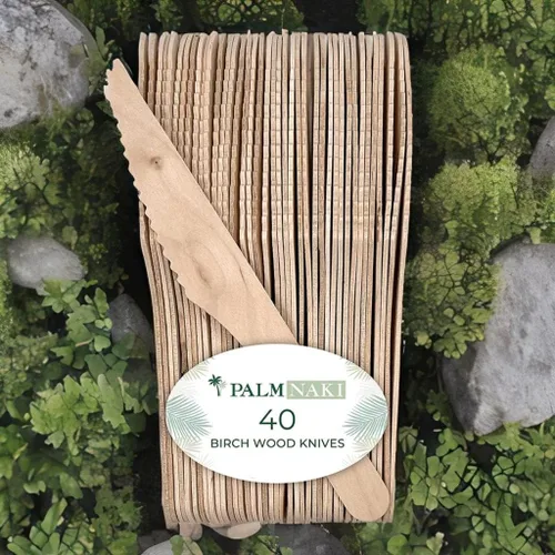 Miniatura 5 de PALM NAKI Birchwood Cutlery - 40 unidades - Vajilla desechable, ecológica, cubiertos compostables y biodegradables (cuchillos, paquete de 40)