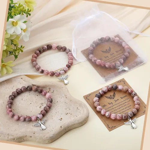 Miniatura 4 de Quelay Juego de 12 pulseras de ángel con tarjeta de felicitación y bolsa de organza, pulseras inspiradoras de piedra natural rosa inspiradora