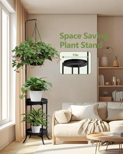 Miniatura 3 de RINBOU Soporte para plantas colgantes para interiores y exteriores, estante esquinero de metal para 3 macetas, 2 niveles de 61 pulgadas de alto