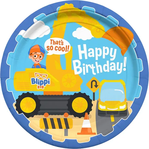 Treasures Gifted Blippi - Platos de papel de 8 quilates, 9 pulgadas, suministros para fiesta de cumpleaños, desechables, redondos, azul y naranja,