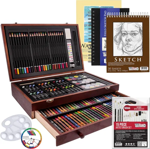 U.S. Art Supply - Kit de artista de 162 piezas en caja de madera grande con pintura, dibujo y suministros de arte para adultos - 24 de cada uno