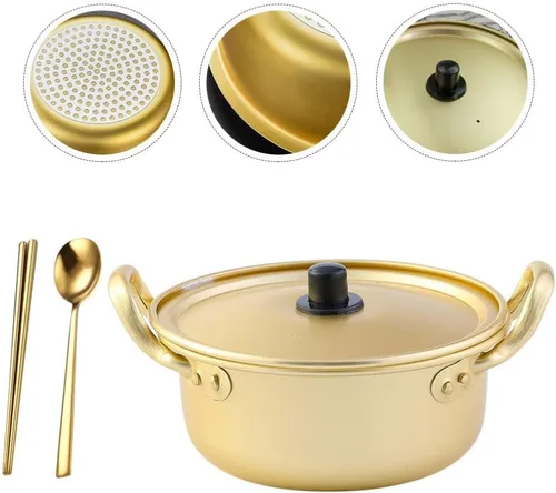 Miniatura 6 de Housoutil Olla ramen 1 juego de olla de ramen coreano con tapa, cuchara, palillos tradicionales de aluminio instantáneo Ramyun para el hogar
