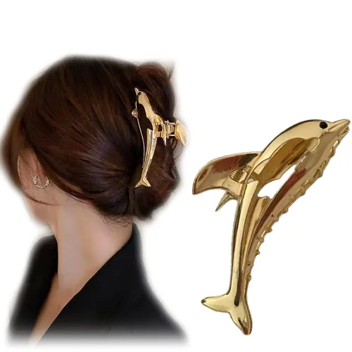 BeeGift Pinza para el cabello con forma de delfín dorado, pinzas de metal grande para cabello grueso, aleación de peinado fino, antideslizante,