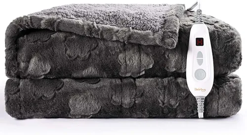 Miniatura 8 de Bearhug - Manta eléctrica de 50 x 60 pulgadas, manta eléctrica con motivos florales grises de pelo sintético y sherpa cálido, temporizador
