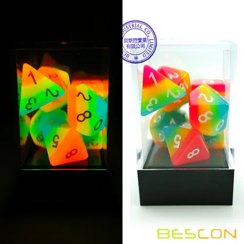 Miniatura 8 de Bescon Fantasía Arco Iris Brillante Dados Poliédricos 7pcs Set Caramelo de Medianoche, Juego de dados RPG Luminoso Resplandor en la oscuridad