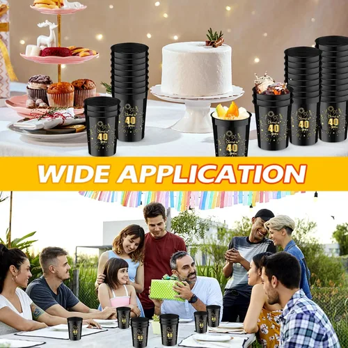 Miniatura 7 de Mototo 30 tazas pequeñas de cumpleaños de 8 onzas con texto en inglés «Cheer to 40 años», vasos de plástico para estadios de cumpleaños, color negro