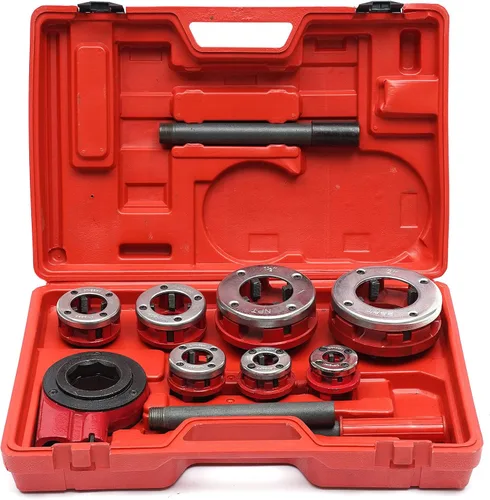 Kit de Enhebrador de Tubo, Kit de Enhebrador de Tubo, Con 7 Troqueles 3/8", 1/2", 3/4",1", 1-1/4", 1-1/2", Y 2"+Mango Trinquete, Juego de Roscado de