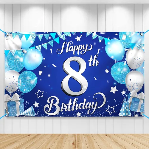 KatchOn, Cartel extragrande de feliz cumpleaños número 8 plateado y azul, 72 x 44 pulgadas, telón de fondo de octavo para decoraciones de feliz