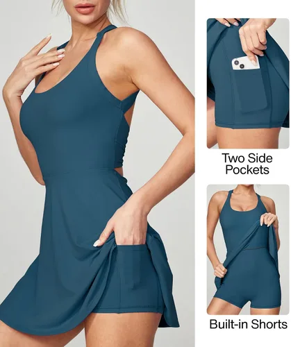 Miniatura 4 de Heathyoga Vestido de tenis con pantalones cortos integrados y brasier atlético para mujer, vestido de entrenamiento de golf trenzado de verano