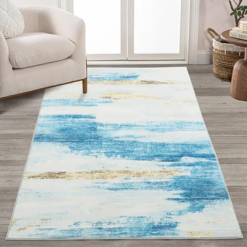 Miniatura 31 de Carvapet 9x12 Alfombras grandes para sala de estar y dormitorio, alfombra moderna lavable azul de pelo bajo con respaldo de goma, plegable, alfombra
