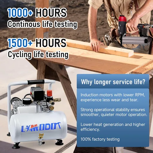 Miniatura 4 de Limodot Compresor de aire ultra silencioso, solo 60 dB, tanque de acero de 1 galón, sin aceite, compresor de aire eléctrico perfecto para clavado